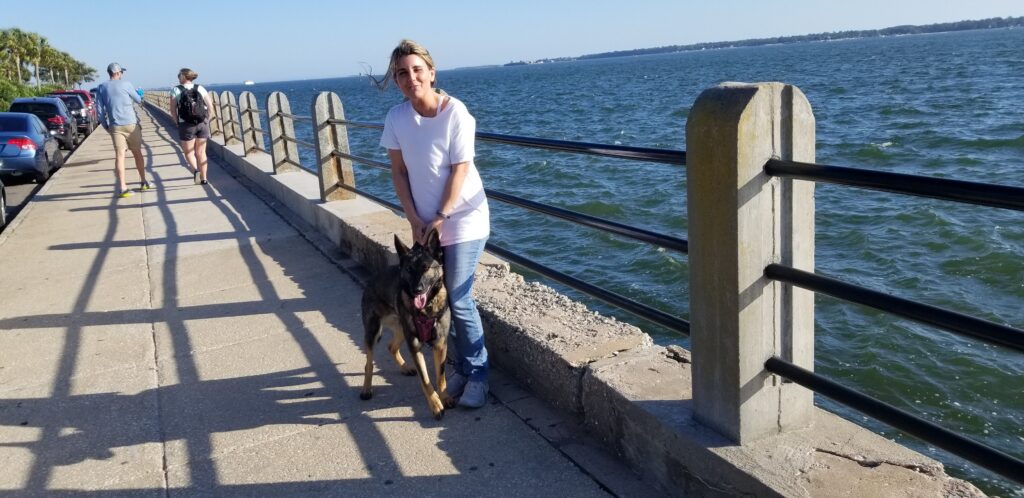Walking our dog along a waterfront