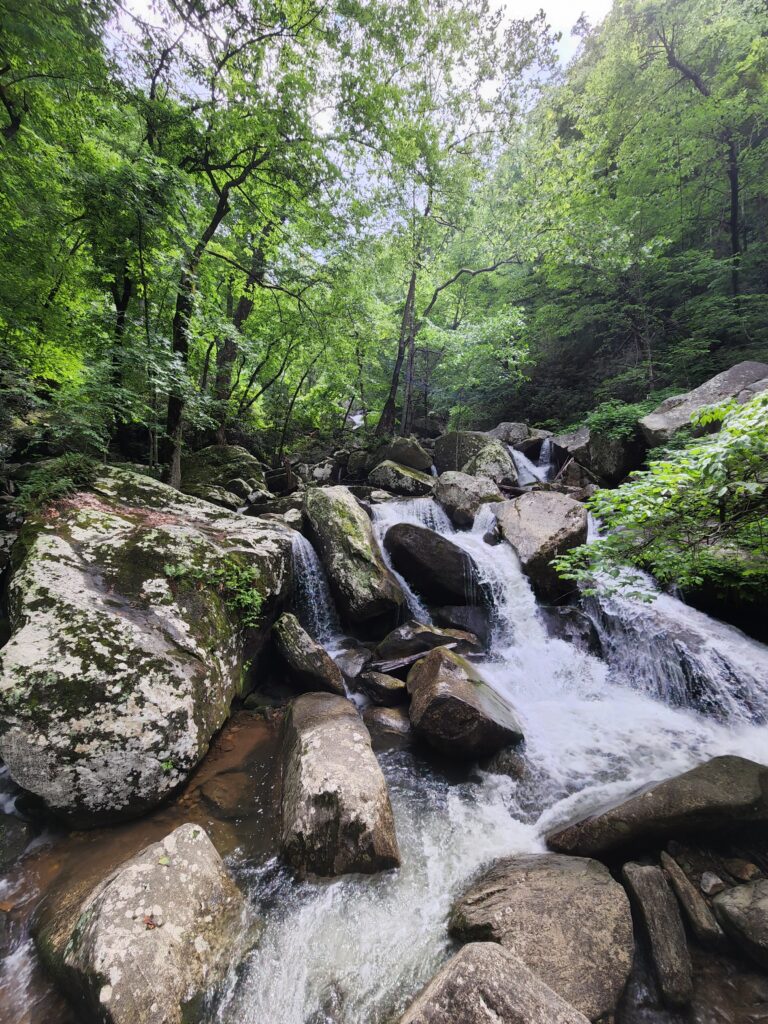 Water tumbling through a boulder field