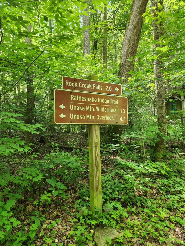 Trail sign: Rock Creek Falls and Unaka Mountain Wilderness