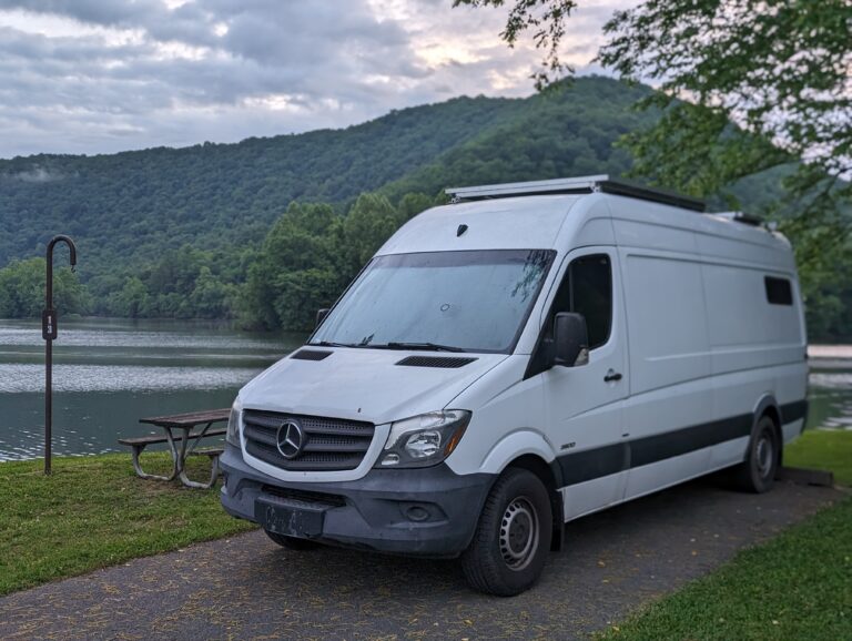 Our Sprinter van parked by the lake