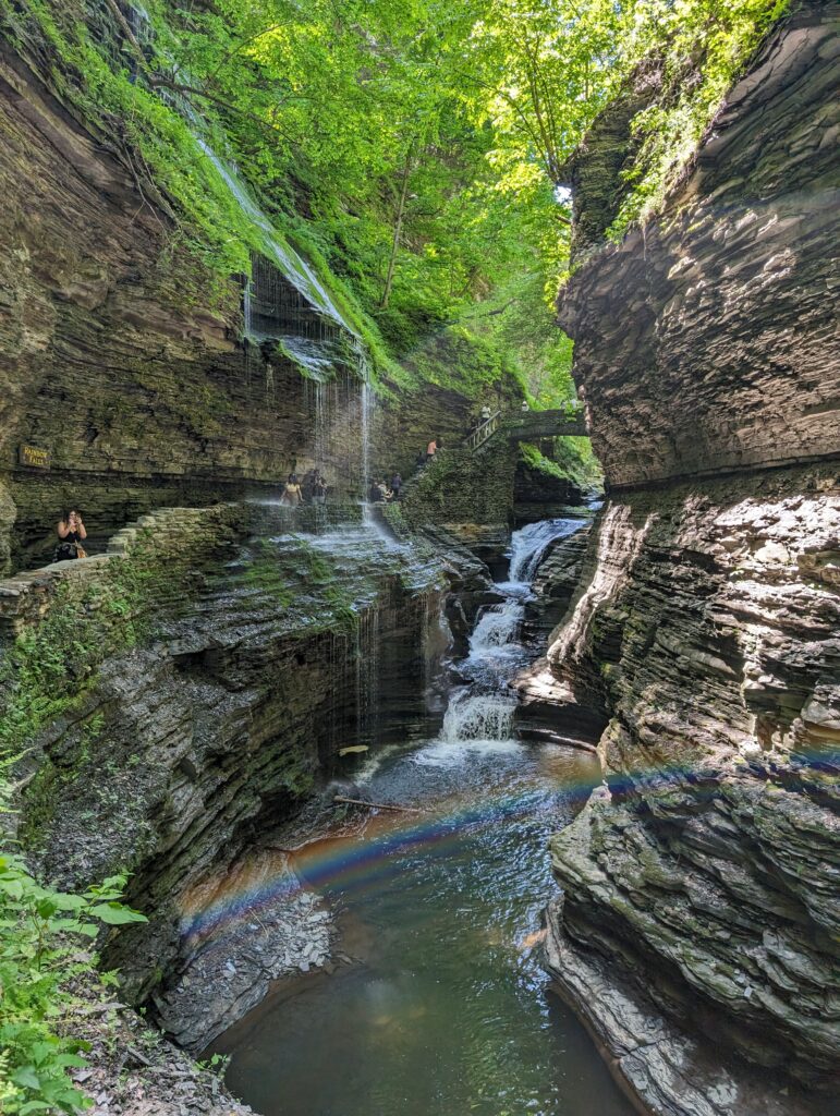 Waterfall and rainbow in the Watkins Glen gorge