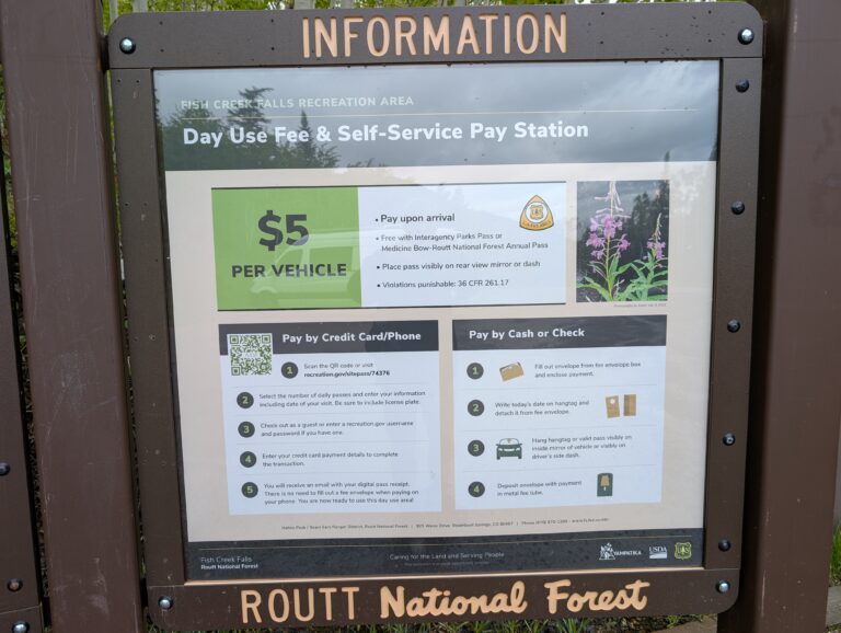 Fish Creek Falls day-use fee sign
