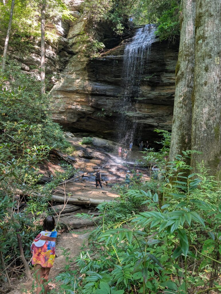 Moore Cove Falls pouring over a rock overhang